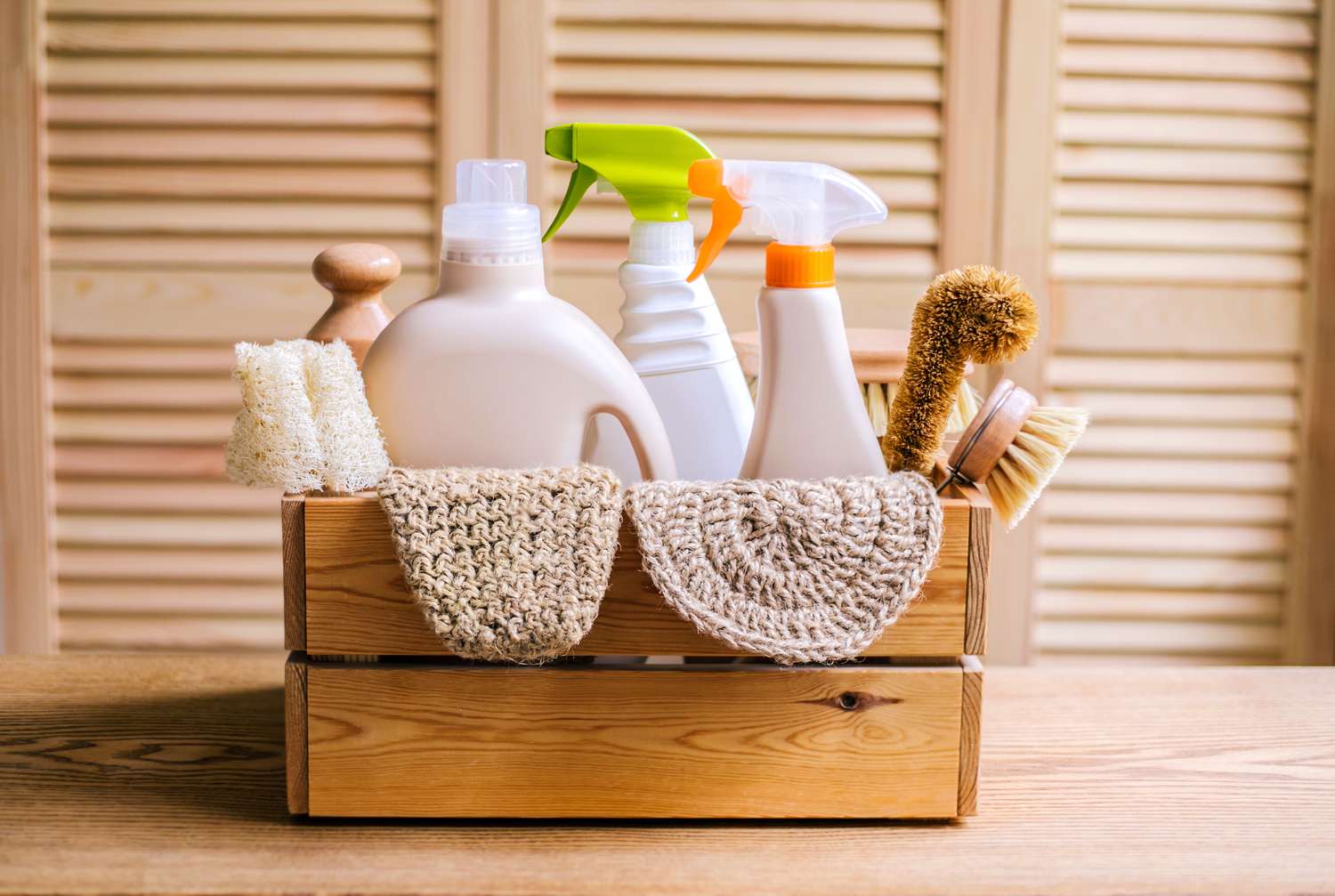 Cleaning supplies in a basket