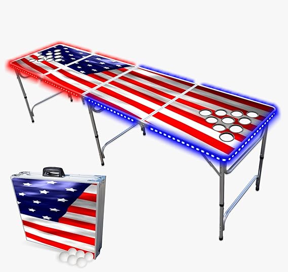 PartyPong 8-Foot Professional Beer Pong Table with Cup Holes, LED Lights & Pong Balls - America edition