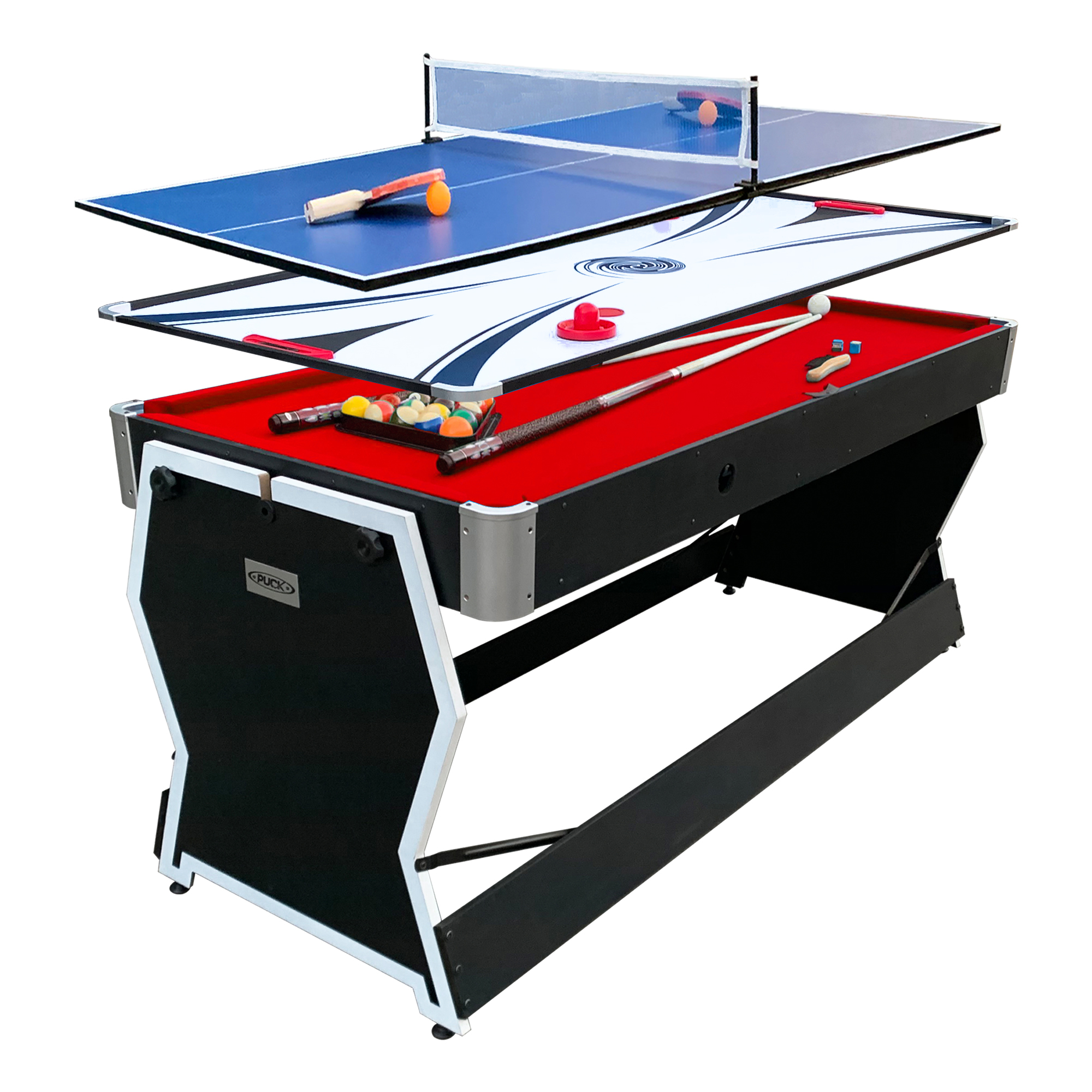 PUCK Cyclone 6-Foot 3-in-1 Multi Game Air Hockey/Billiard Table with its 3 variations